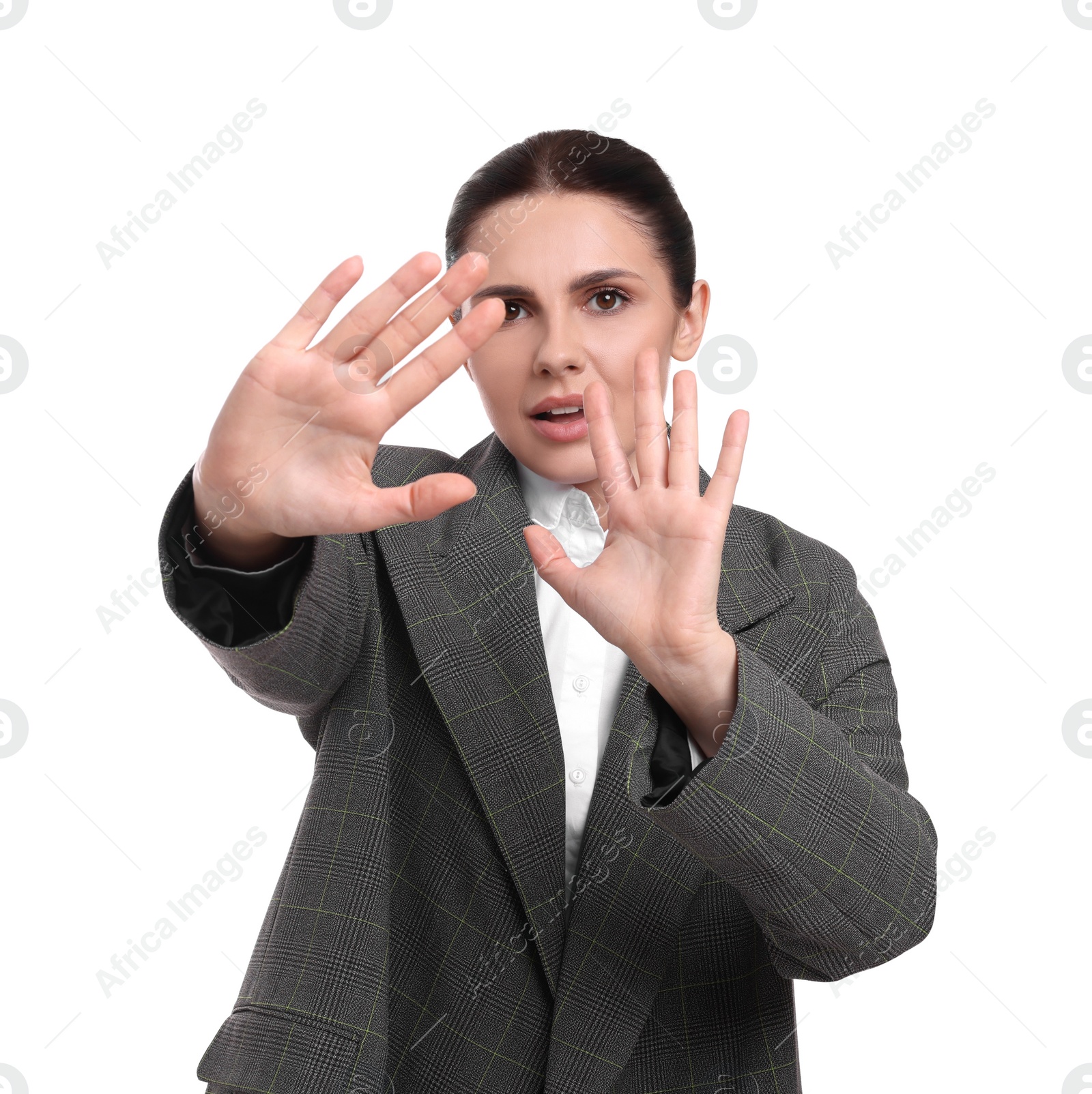 Photo of Beautiful young businesswoman in suit on white background