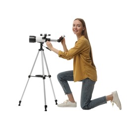 Photo of Happy astronomer with telescope on white background