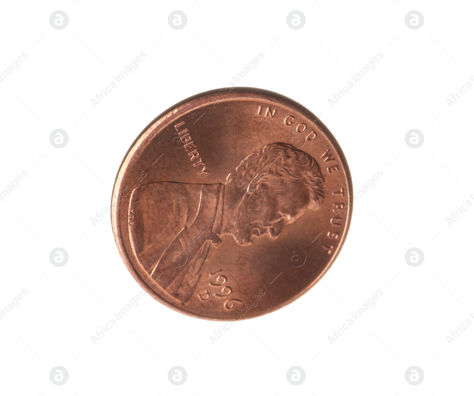 Photo of United States one cent coin on white background