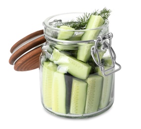 Photo of Pickling jar with fresh ripe cucumbers isolated on white