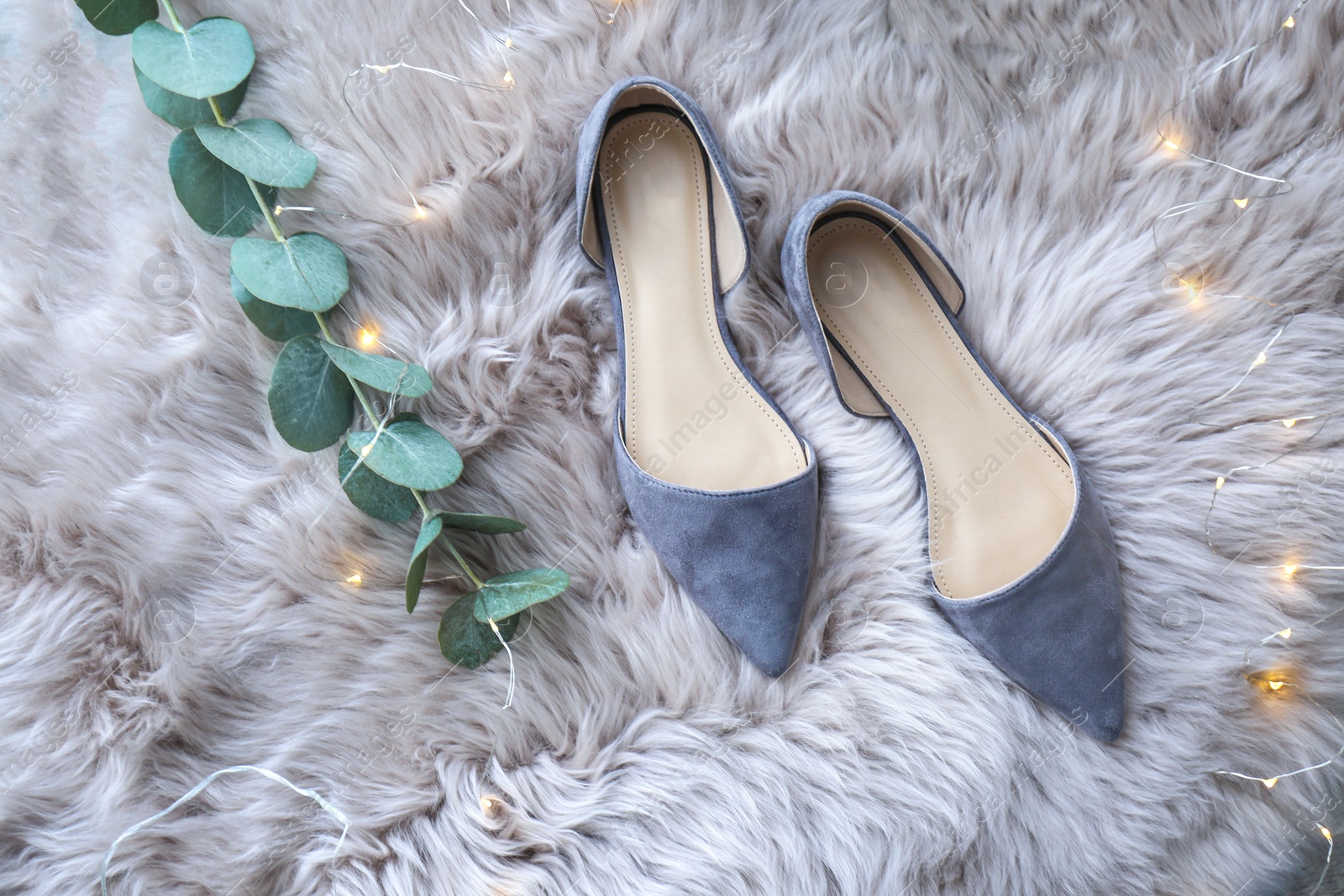 Photo of Elegant female shoes on fluffy carpet