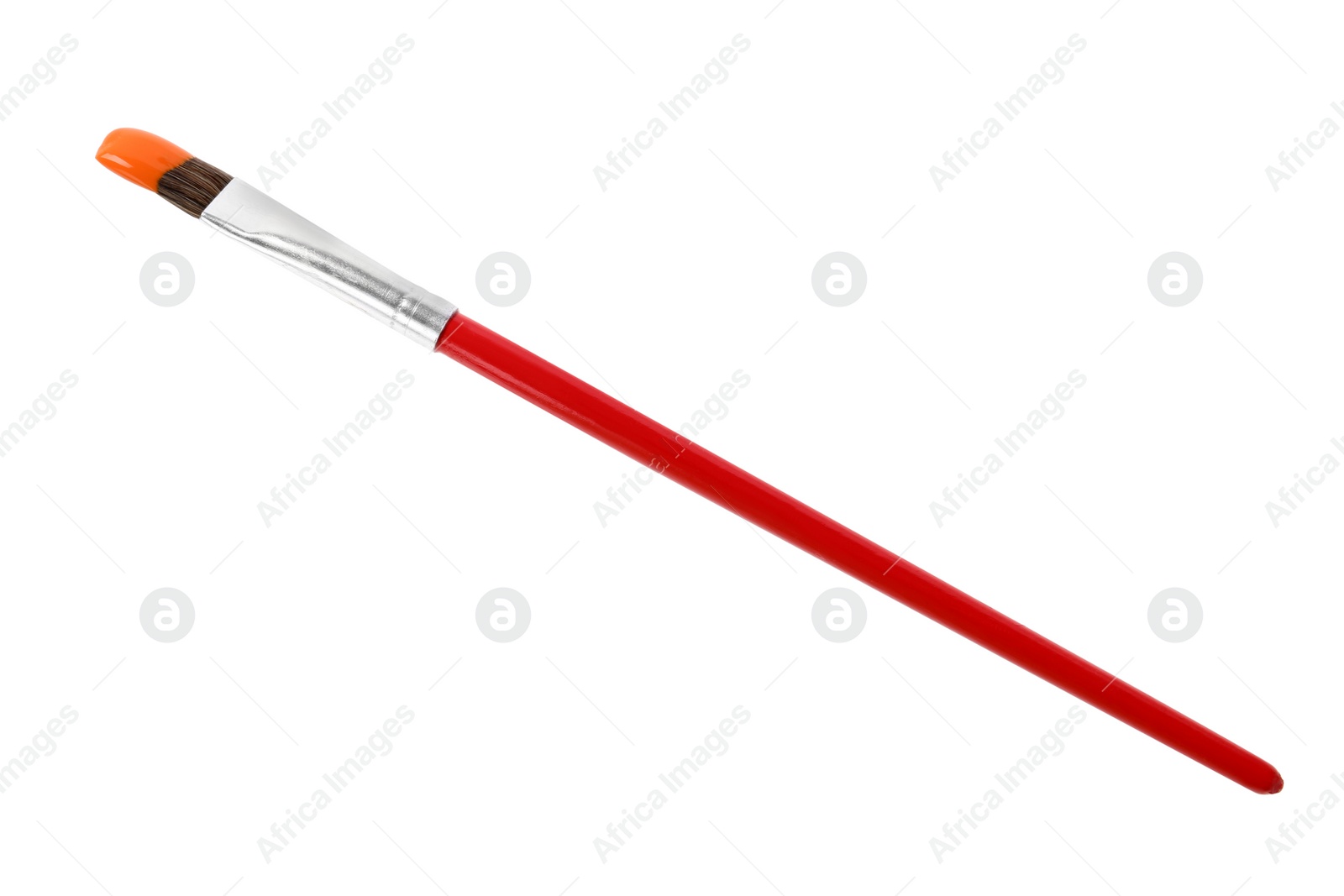 Photo of Brush with color paint on white background, top view