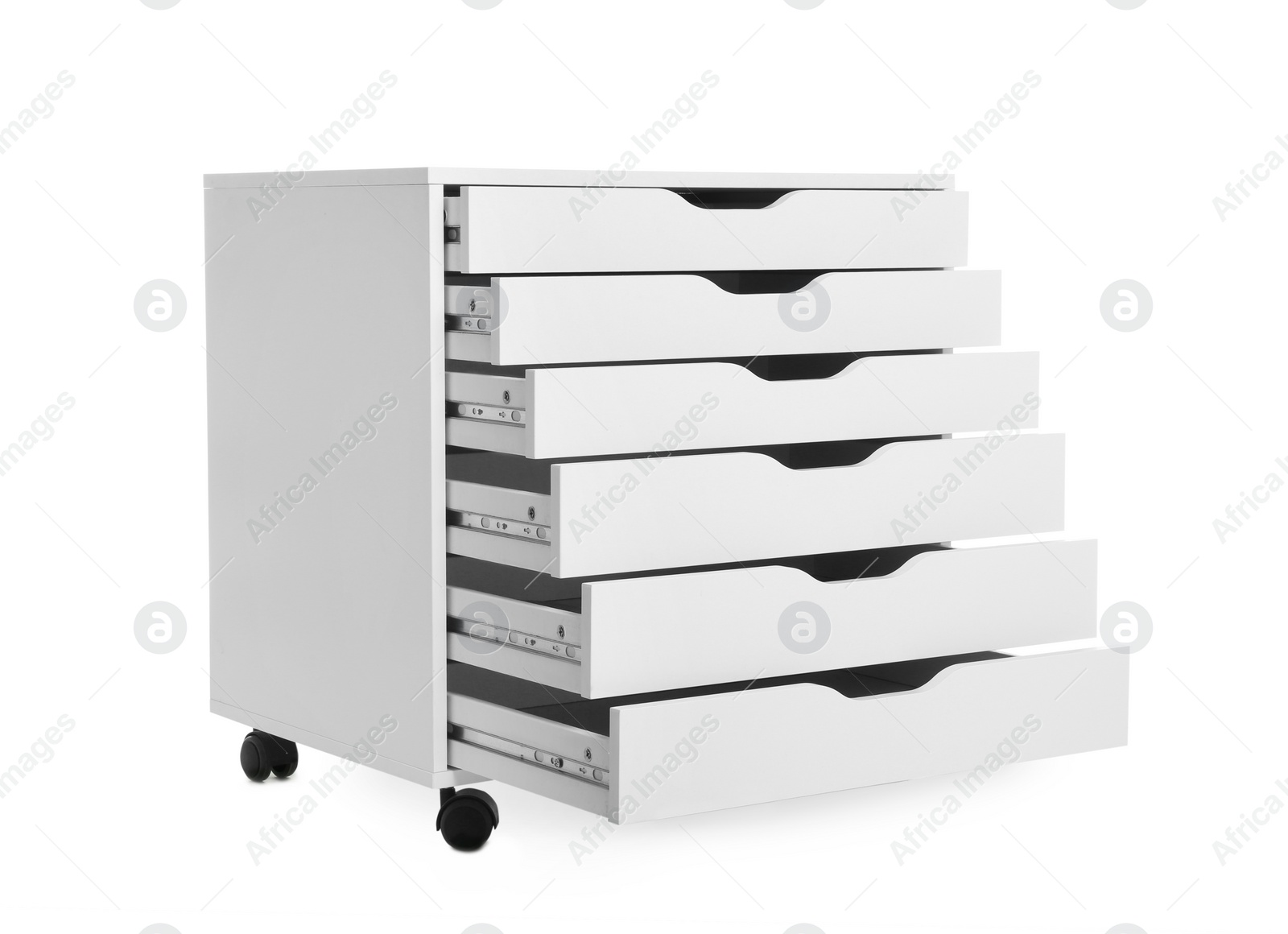 Photo of Stylish chest of drawers on white background. Furniture for wardrobe room