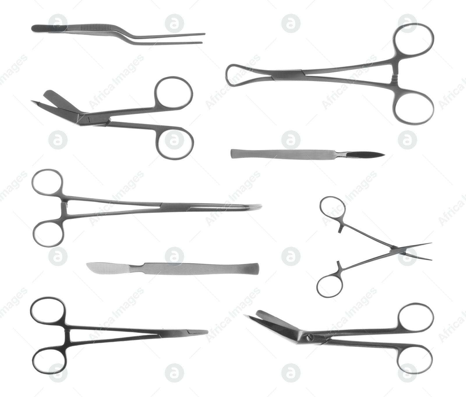 Image of Set with different surgical instruments on white background 