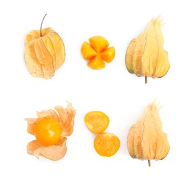 Image of Set with tasty ripe physalis fruits on white background, top view
