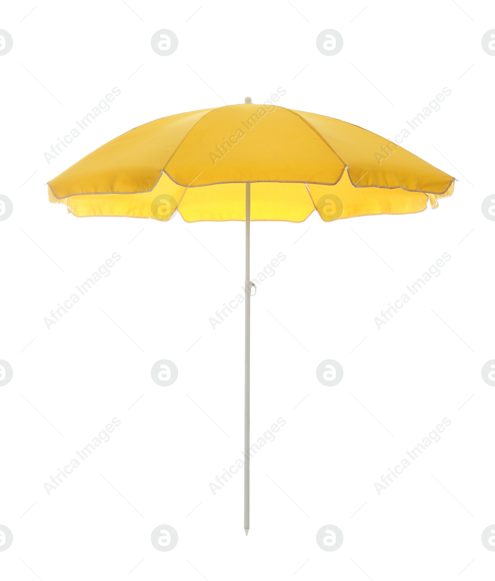 Photo of Open yellow beach umbrella isolated on white