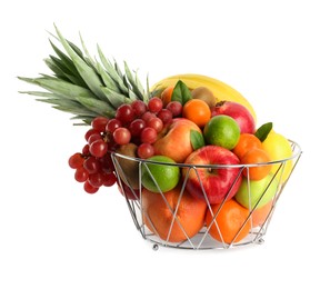 Photo of Metal bowl with different fresh fruits isolated on white