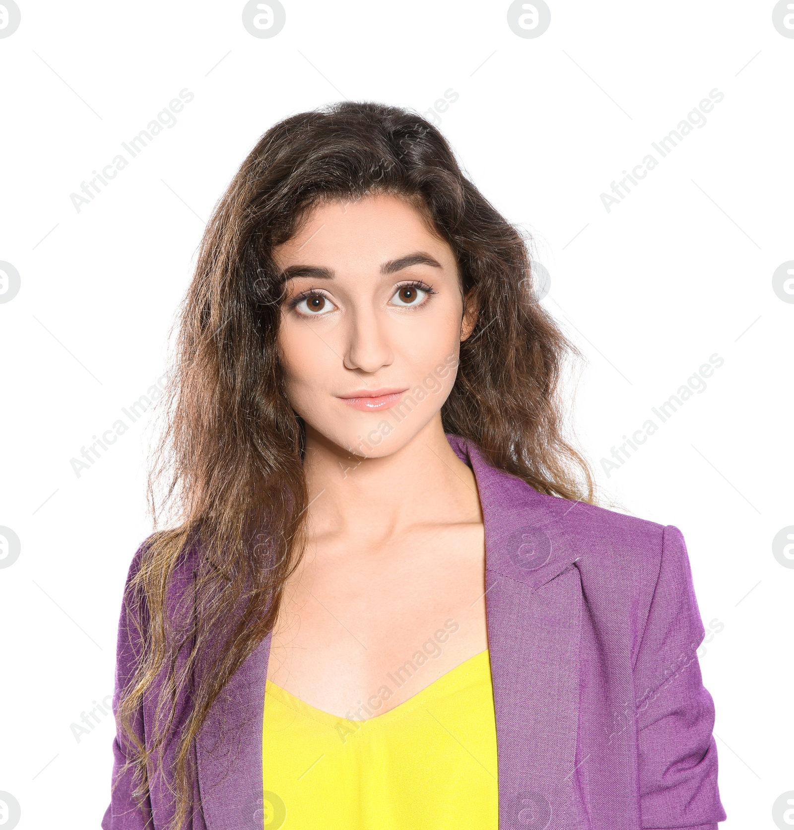 Photo of Beautiful young woman in stylish clothes on white background