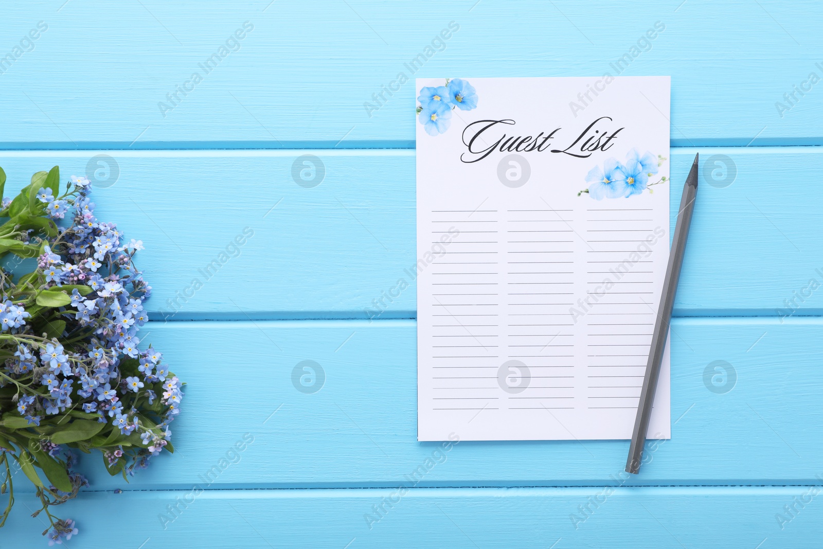 Photo of Guest list, pencil and flowers on light blue wooden table, flat lay. Space for text