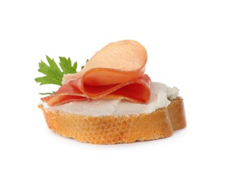 Photo of Delicious sandwich with cream cheese, jamon and parsley isolated on white