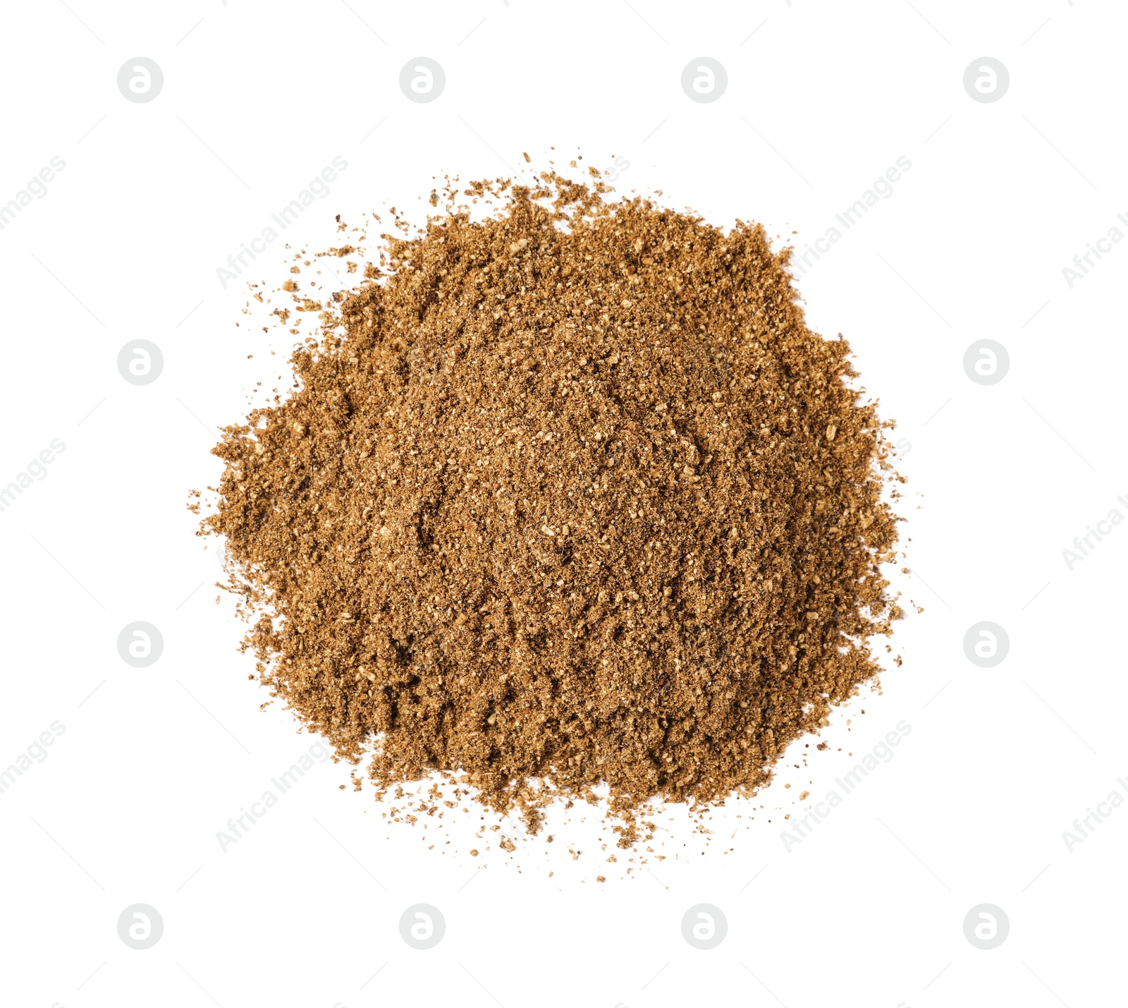 Photo of Heap of aromatic caraway (Persian cumin) powder isolated on white, top view