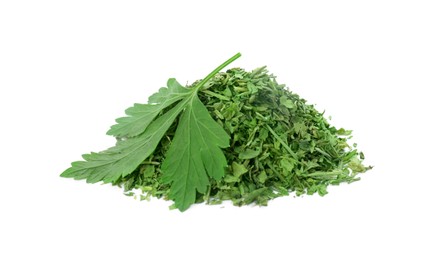 Photo of Heap of dried parsley and fresh leaf isolated on white