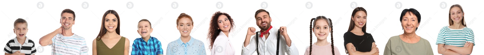 Image of Collage with portraits of happy people on white background