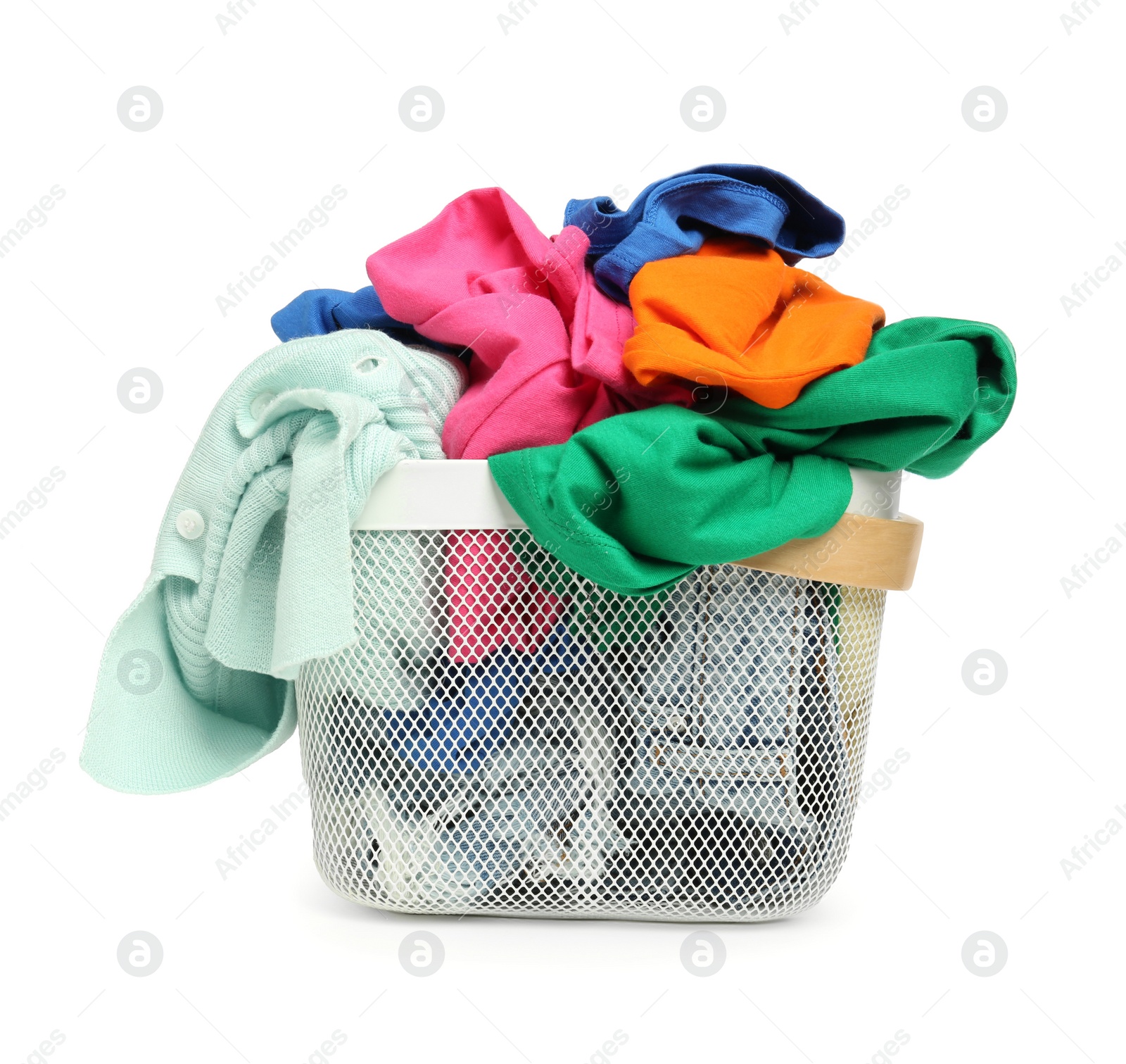 Photo of Laundry basket with clean colorful clothes isolated on white