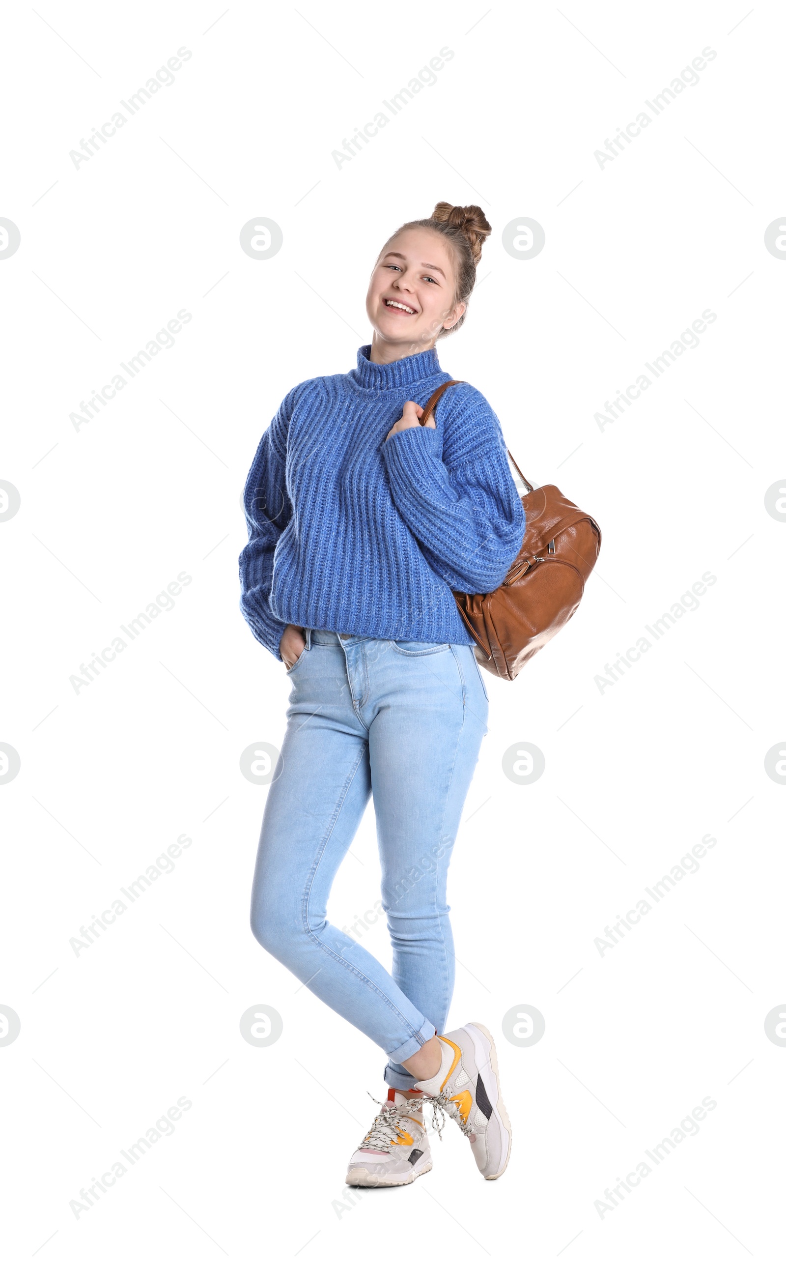 Photo of Portrait of pretty teenage girl with backpack on white background