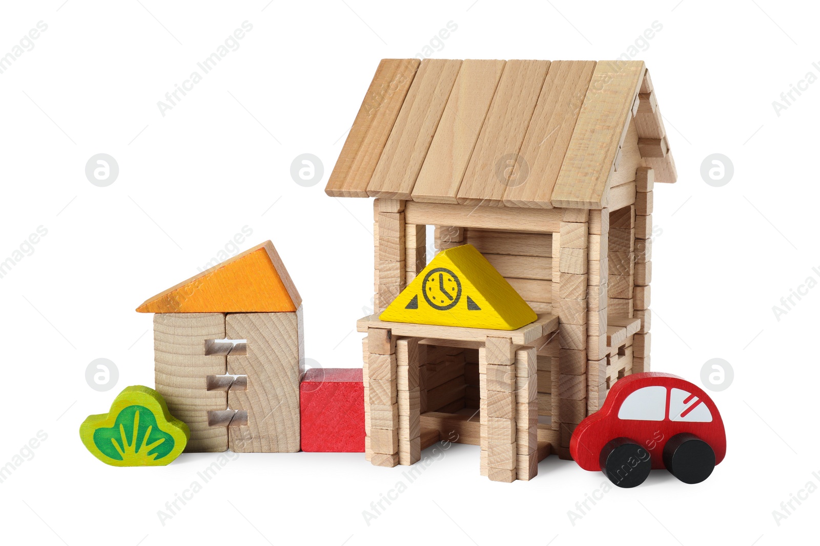 Photo of Set of wooden toys isolated on white. Children's development