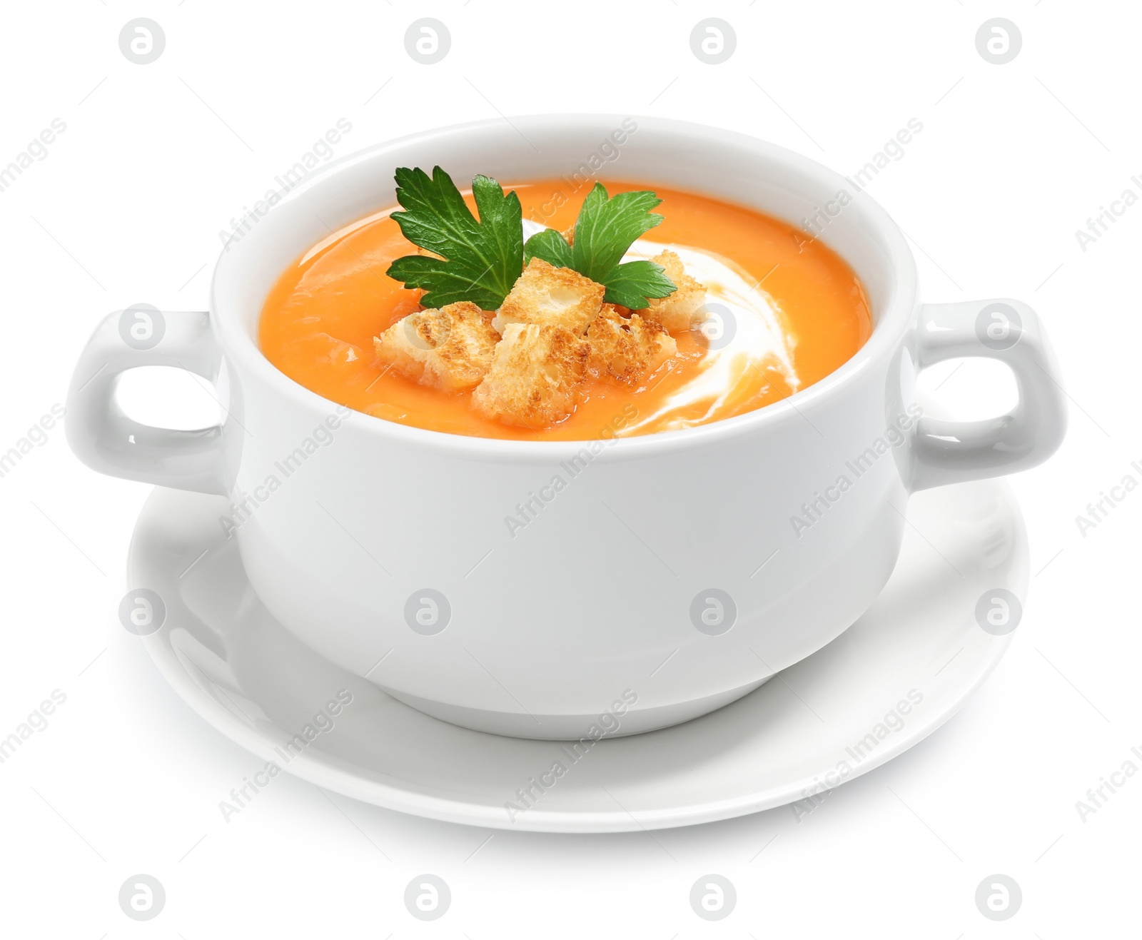 Photo of Delicious pumpkin soup in bowl isolated on white