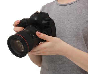 Photographer with camera on white background, closeup