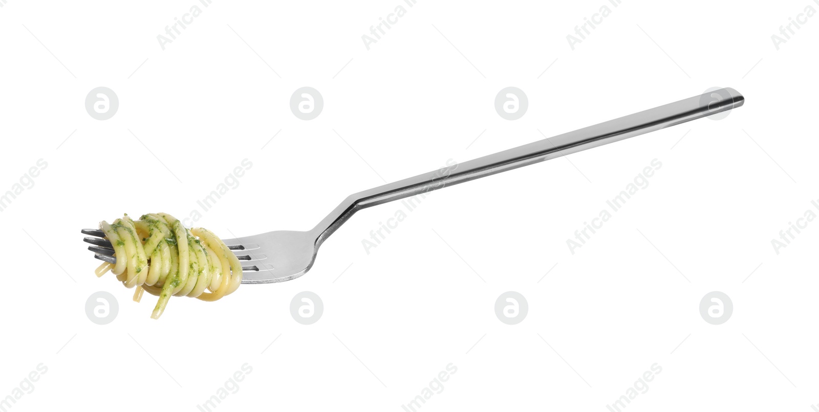 Photo of Fork with tasty pasta isolated on white