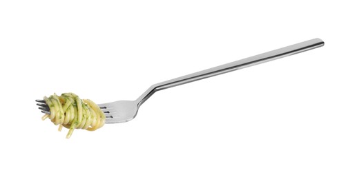 Fork with tasty pasta isolated on white