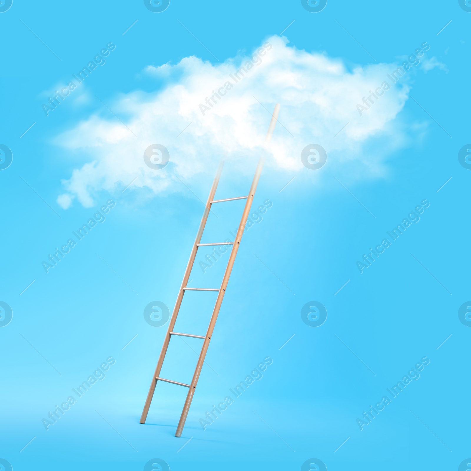 Image of Wooden ladder leading to white cloud on light blue background. Concept of growth and development