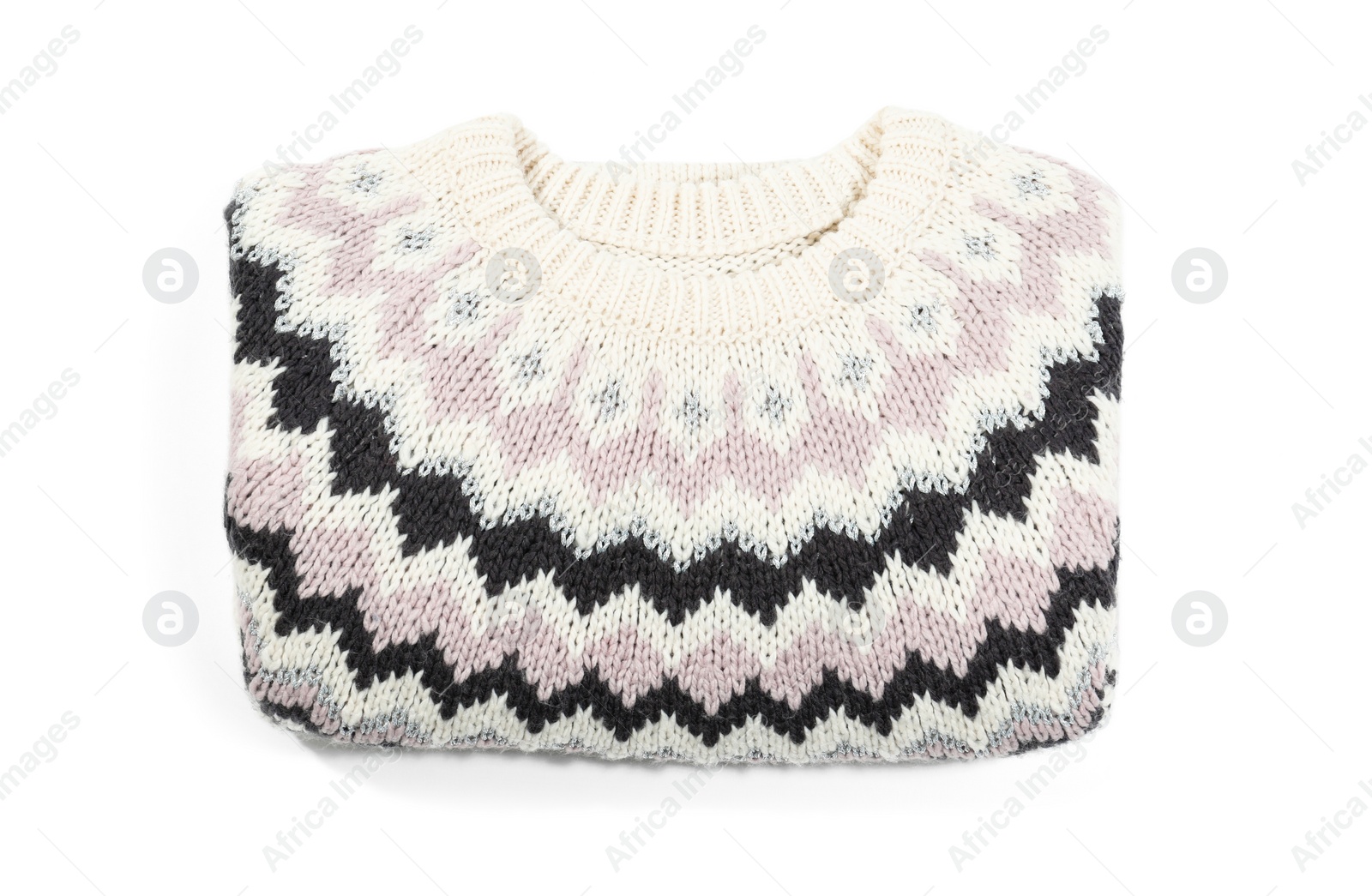 Photo of Folded cozy warm sweater on white background, top view