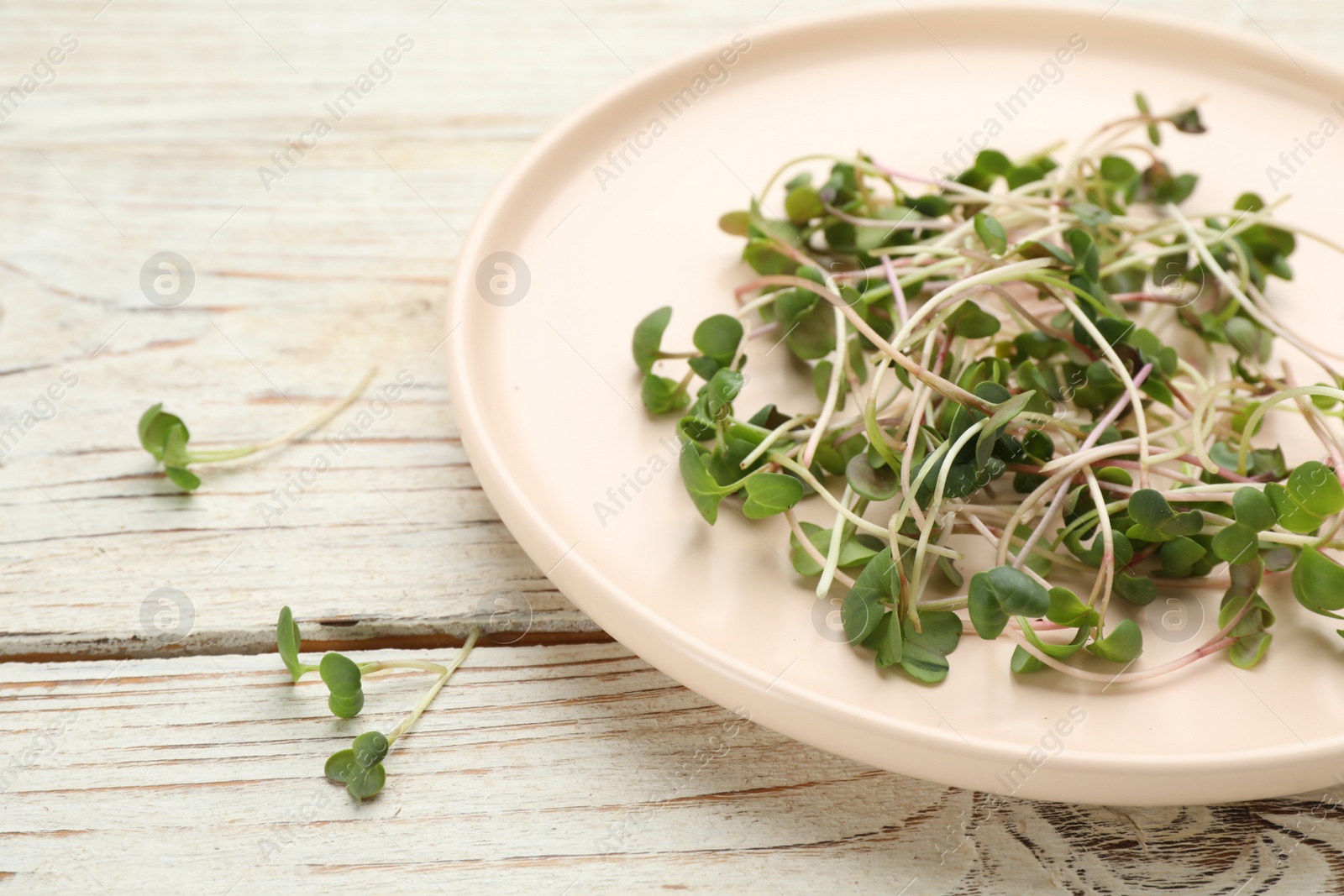 Photo of Plate with cut fresh radish microgreens on white wooden table, closeup. Space for text