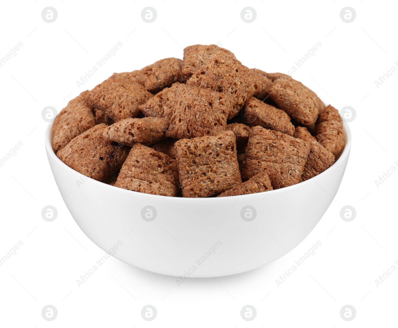 Photo of Bowl of sweet crispy corn pads on white background. Breakfast cereal