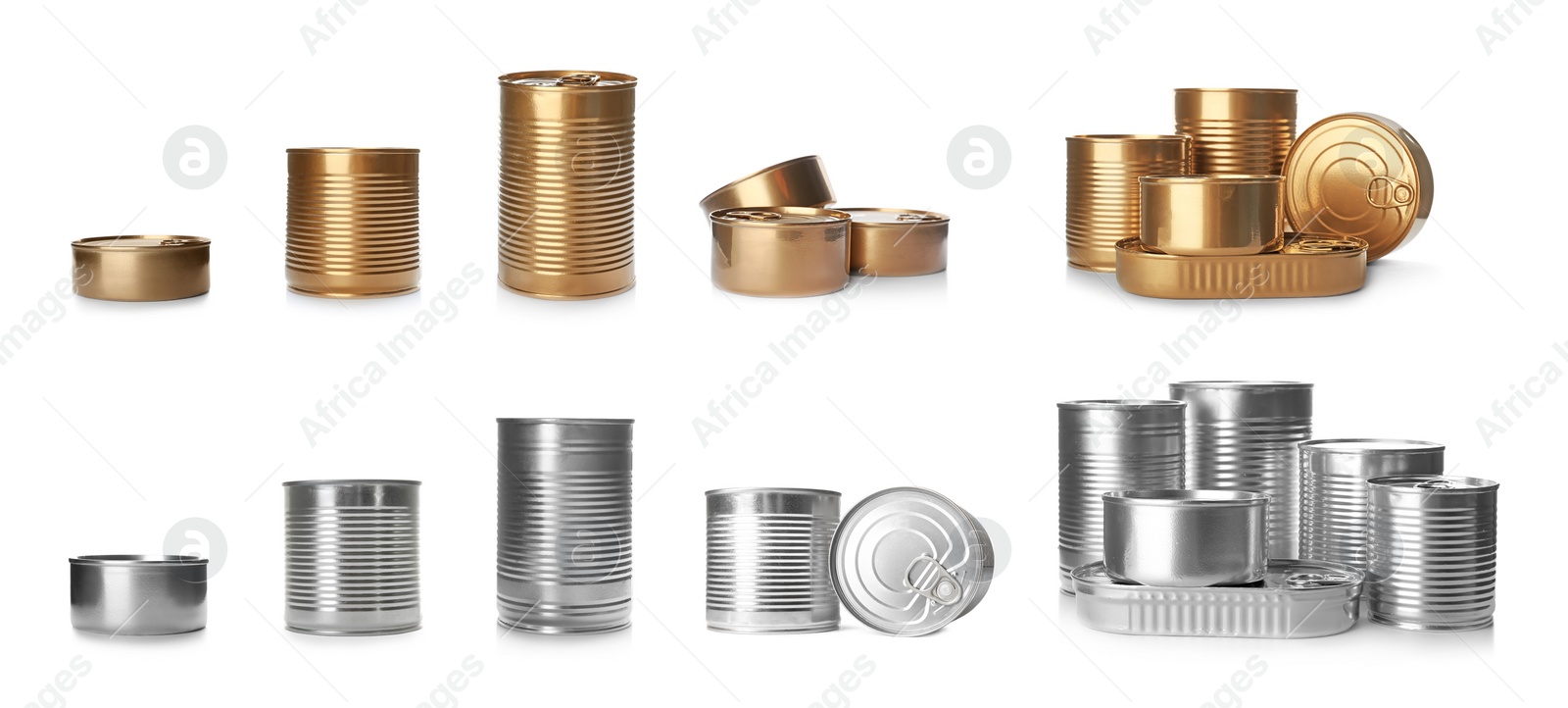 Image of Set with closed tin cans on white background. Banner design