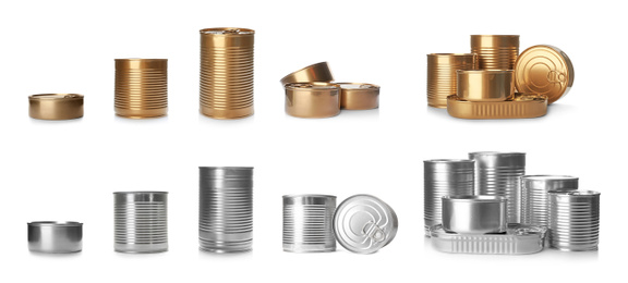 Set with closed tin cans on white background. Banner design