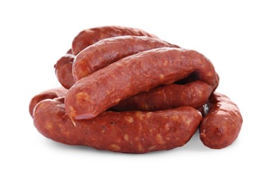 Photo of Many fresh raw sausages isolated on white. Meat product