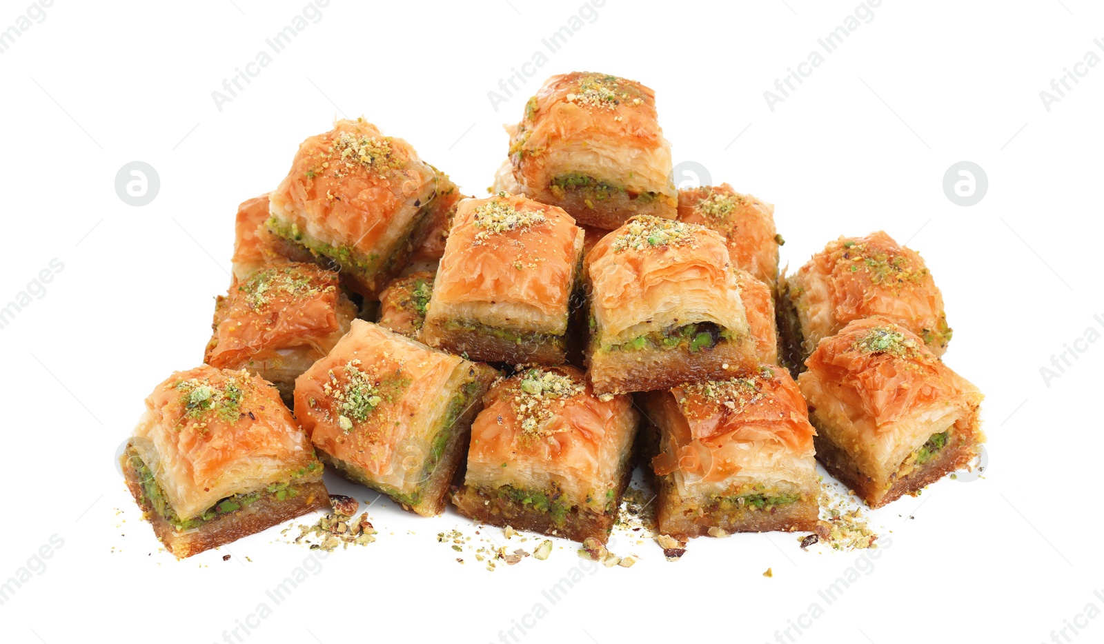 Photo of Delicious fresh baklava with chopped nuts isolated on white. Eastern sweets