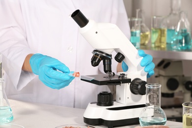 Photo of Scientist inspecting forcemeat sample with microscope in laboratory