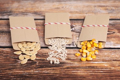 Many different vegetable seeds on wooden table