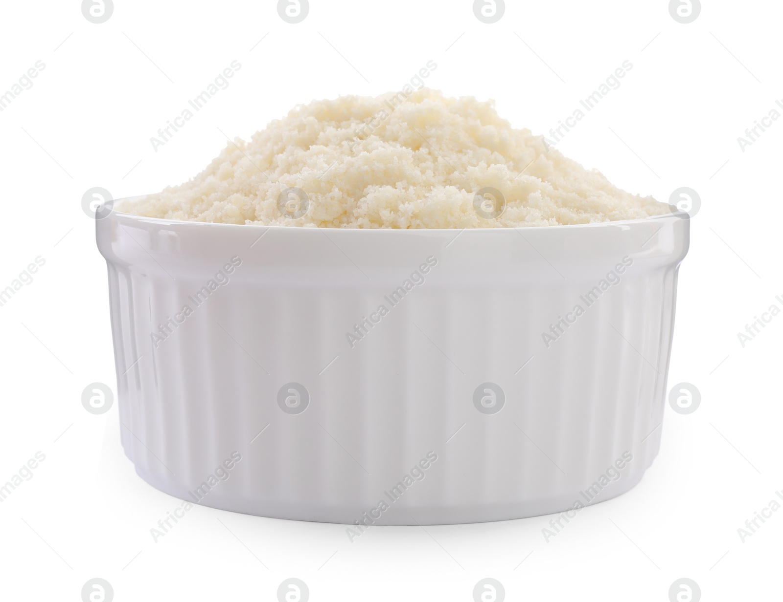 Photo of Bowl with grated parmesan cheese isolated on white