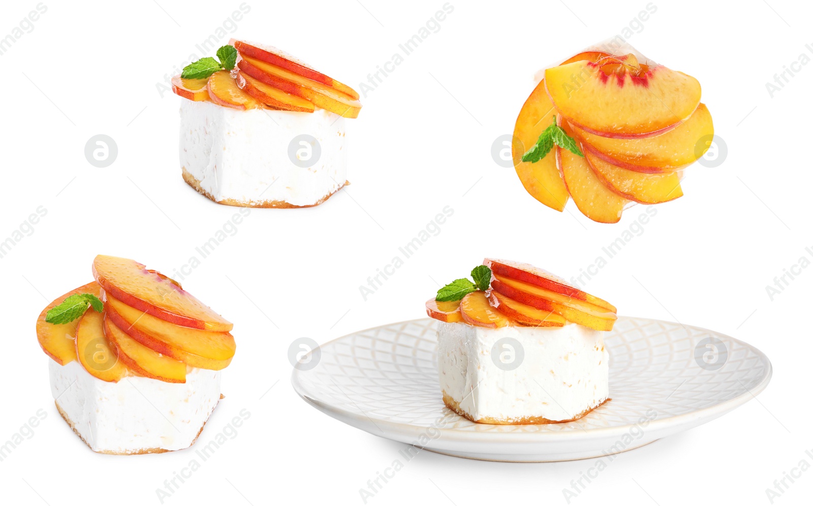 Image of Delicious dessert with peach slices on white background, collage design