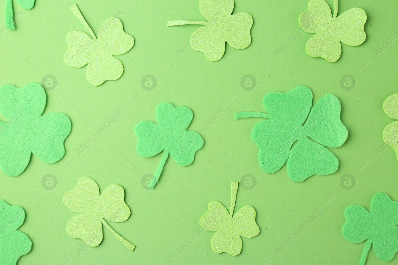 Photo of St. Patrick's day. Decorative clover leaves on green background, flat lay