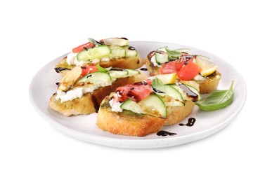 Photo of Delicious bruschettas with balsamic vinegar and toppings isolated on white