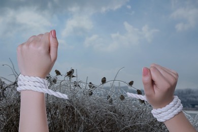 Image of Freedom. Woman with ripped ropes near shrubs with sparrows outdoors, closeup