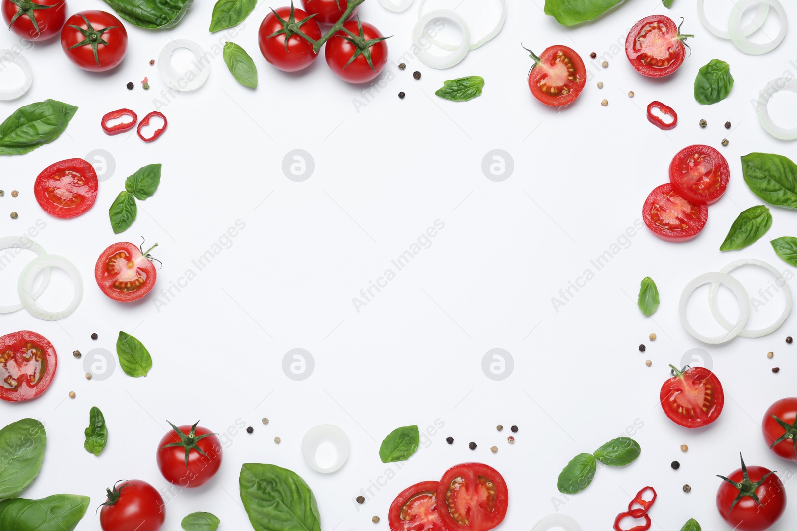 Photo of Frame made of fresh basil leaves and vegetables on white background, top view. Space for text