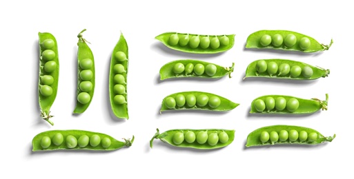 Photo of Flat lay composition with delicious fresh green peas on white background