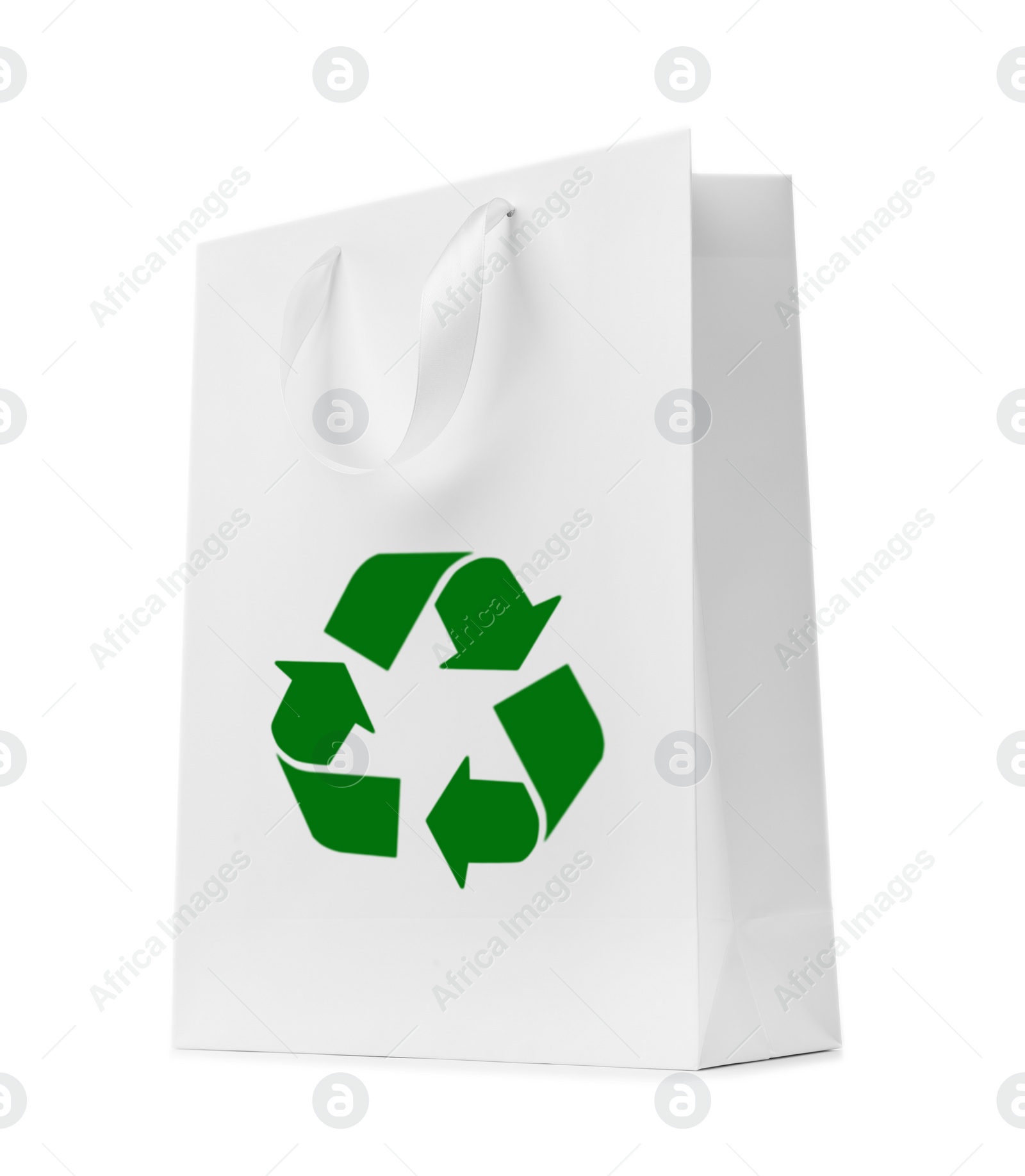 Image of Paper shopping bag with recycling symbol on white background 