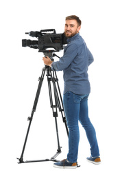 Photo of Operator with professional video camera on white background