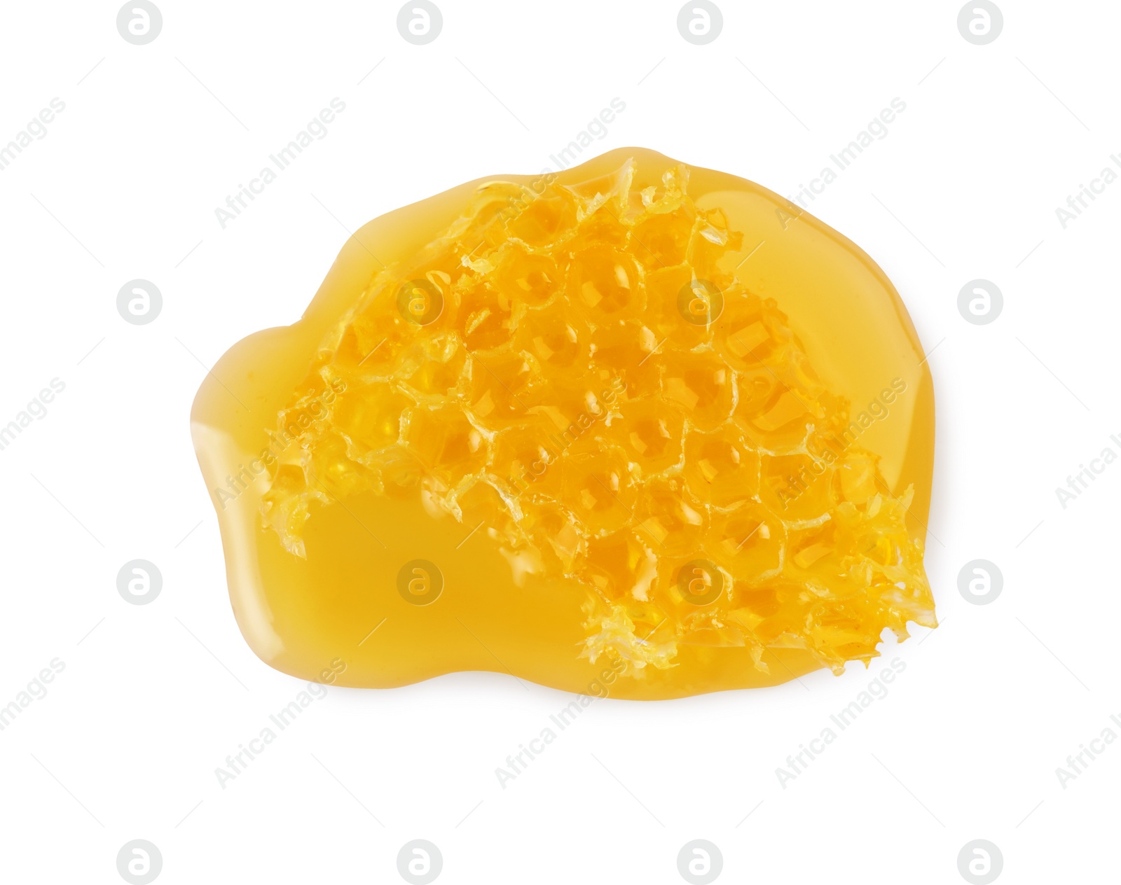 Photo of Piece of natural honeycomb with tasty honey isolated on white, top view