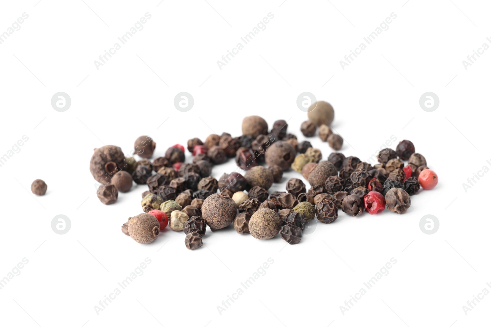 Photo of Mix of different pepper grains isolated on white