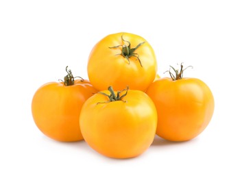 Photo of Fresh ripe yellow tomatoes on white background