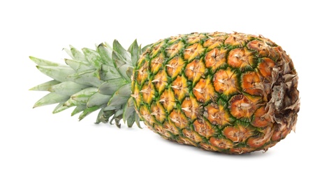 Tasty whole pineapple with leaves on white background