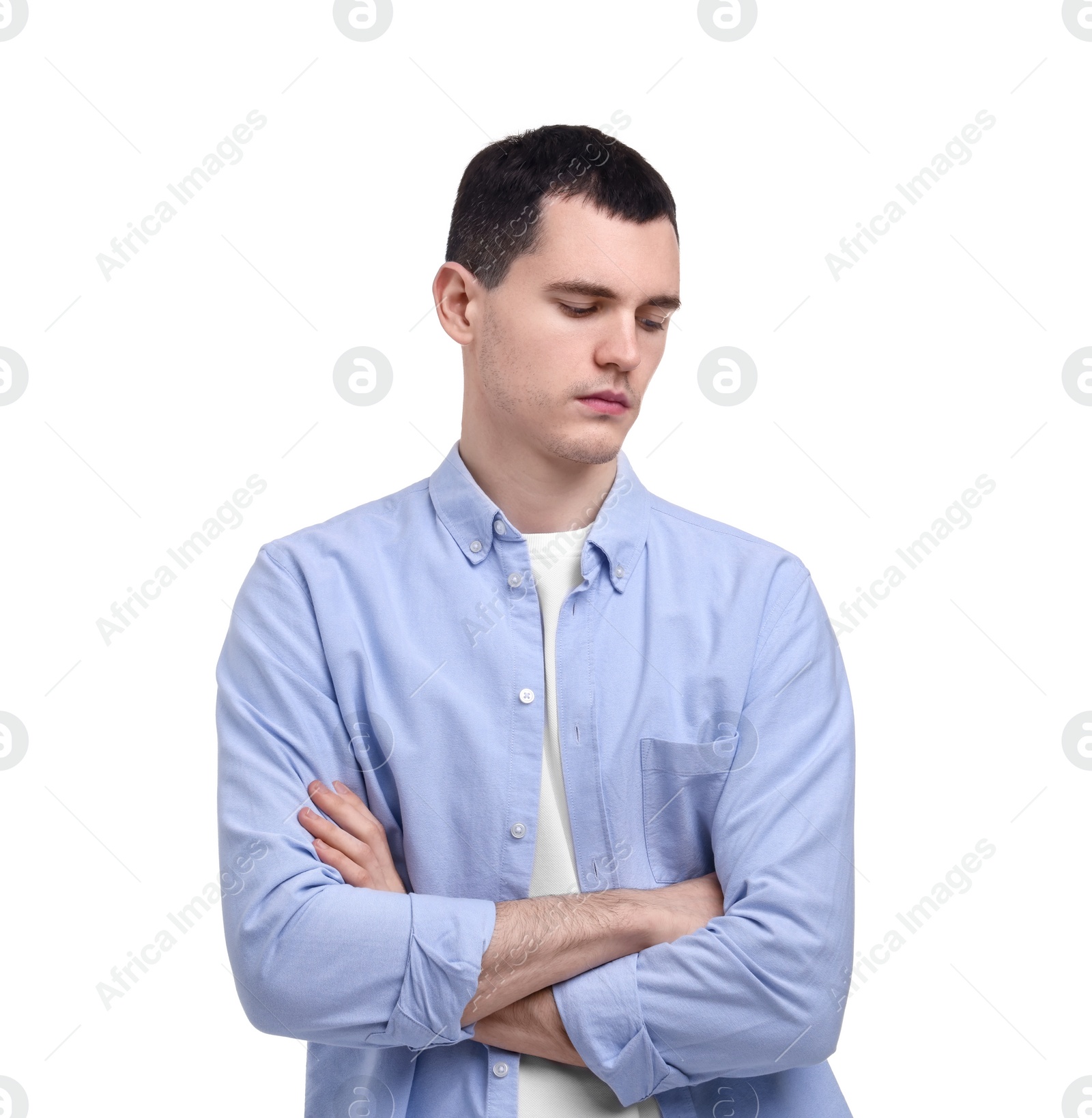 Photo of Portrait of sad man on white background