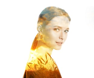 Image of Double exposure of beautiful woman and countryside at sunset