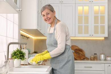 Happy housewife washing plate in kitchen sink